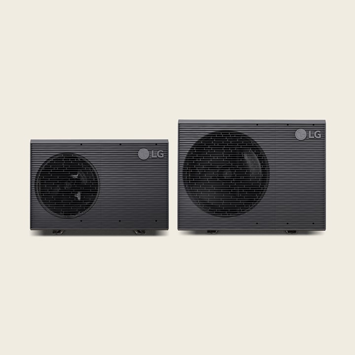 Two LG air-to-water heat pump outdoor units shown side by side in dark grey finish.